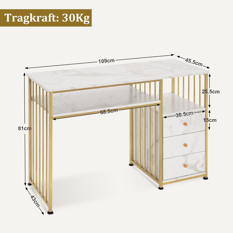 M MCombo Schreibtisch mit Schubladen, Schminktisch ohne Spiegel Marmor-Weiß Gold, Nageltisch aus Holz Metallgestell, Computertisch Wohnzimmer Modern, 109 x 45,5 x 81cm, 2407