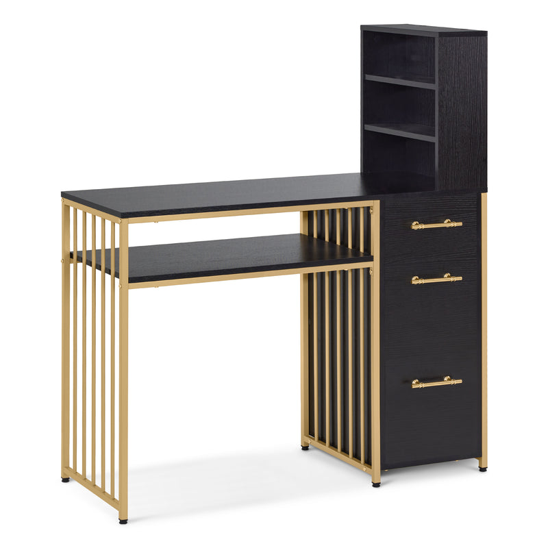 M MCombo Schreibtisch mit 3 Schubladen, Nageltisch aus Holz Metallgestell, Manikürtisch， Schminktisch ohne Spiegel Modern, Computertisch mit Regal Wohnzimmer, 43x108x125cm, 2420