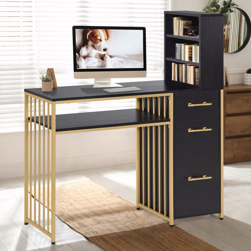 M MCombo Schreibtisch mit 3 Schubladen, Nageltisch aus Holz Metallgestell, Manikürtisch， Schminktisch ohne Spiegel Modern, Computertisch mit Regal Wohnzimmer, 43x108x125cm, 2420