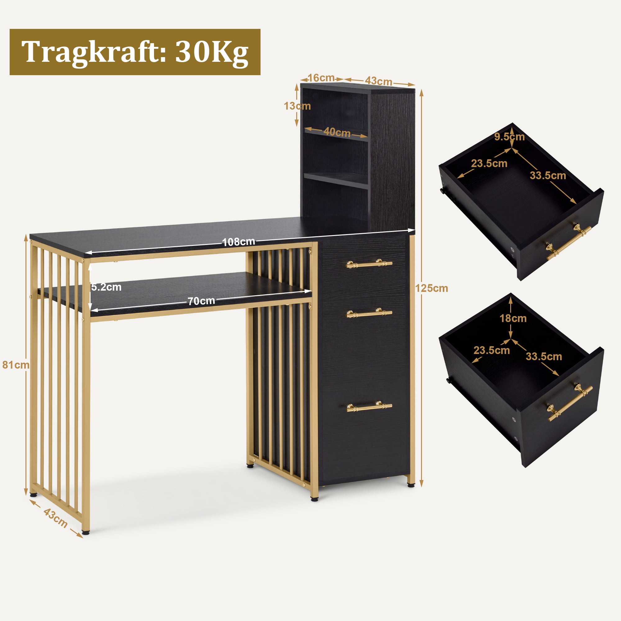 M MCombo Schreibtisch mit 3 Schubladen, Nageltisch aus Holz Metallgestell, Manikürtisch， Schminktisch ohne Spiegel Modern, Computertisch mit Regal Wohnzimmer, 43x108x125cm, 2420
