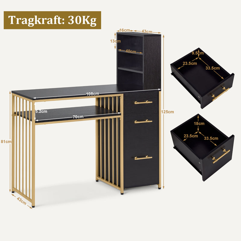 M MCombo Schreibtisch mit 3 Schubladen, Nageltisch aus Holz Metallgestell, Manikürtisch， Schminktisch ohne Spiegel Modern, Computertisch mit Regal Wohnzimmer, 43x108x125cm, 2420