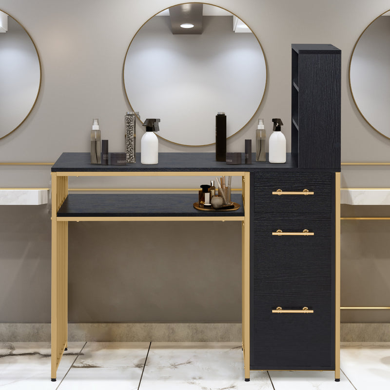 M MCombo Schreibtisch mit 3 Schubladen, Nageltisch aus Holz Metallgestell, Manikürtisch， Schminktisch ohne Spiegel Modern, Computertisch mit Regal Wohnzimmer, 43x108x125cm, 2420