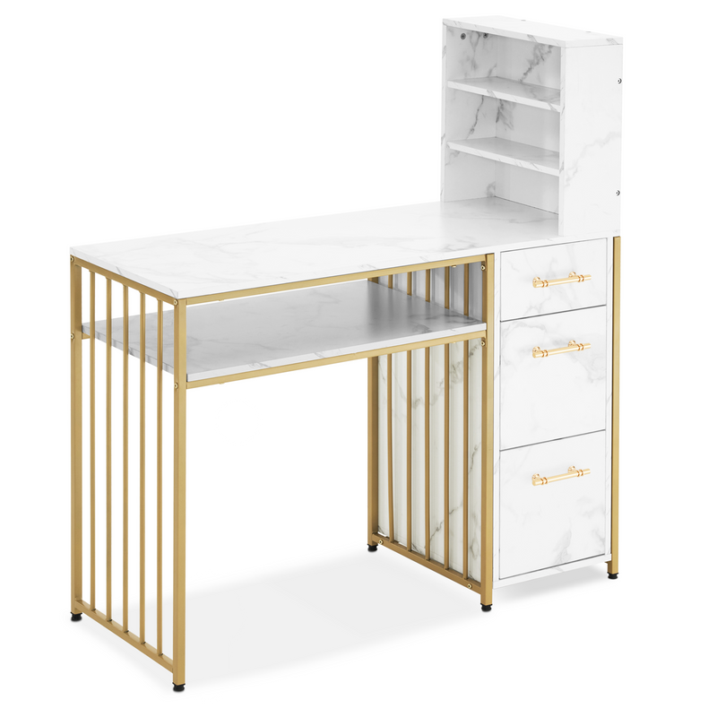 M MCombo Schreibtisch mit 3 Schubladen, Nageltisch aus Holz Metallgestell, Manikürtisch， Schminktisch ohne Spiegel Modern, Computertisch mit Regal Wohnzimmer, 43x108x125cm, 2420