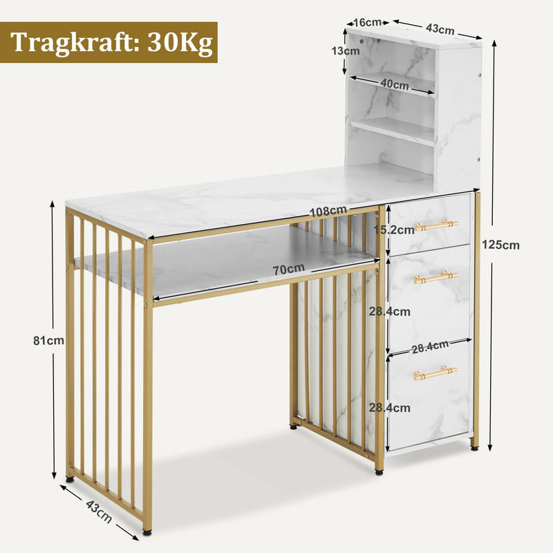 M MCombo Schreibtisch mit 3 Schubladen, Nageltisch aus Holz Metallgestell, Manikürtisch Marmor-Weiß Gold, Schminktisch ohne Spiegel Modern, Computertisch mit Regal Wohnzimmer, 43x108x125cm, 2420