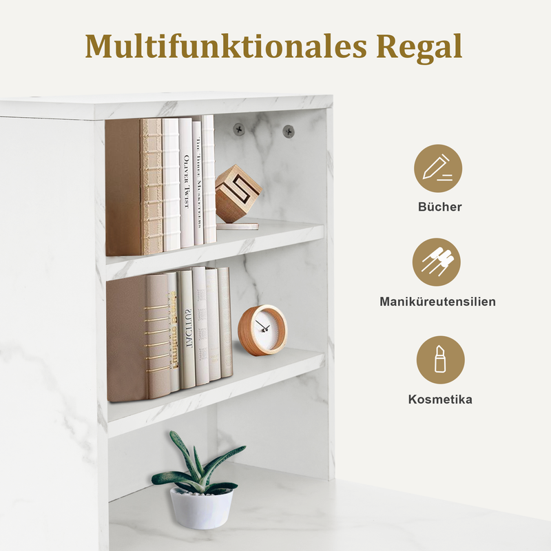 M MCombo Schreibtisch mit 3 Schubladen, Nageltisch aus Holz Metallgestell, Manikürtisch， Schminktisch ohne Spiegel Modern, Computertisch mit Regal Wohnzimmer, 43x108x125cm, 2420
