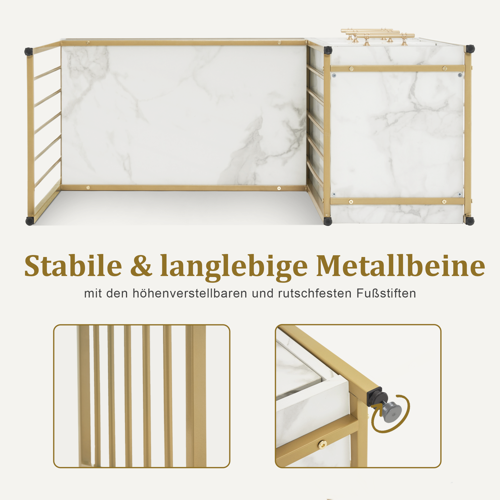 M MCombo Schreibtisch mit 3 Schubladen, Nageltisch aus Holz Metallgestell, Manikürtisch， Schminktisch ohne Spiegel Modern, Computertisch mit Regal Wohnzimmer, 43x108x125cm, 2420