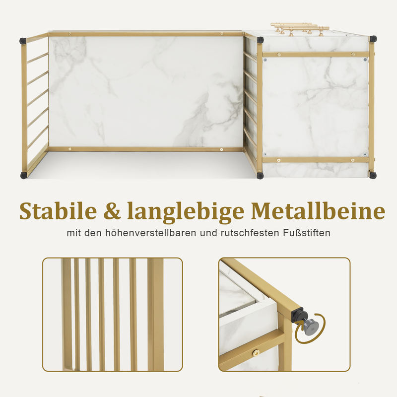 M MCombo Schreibtisch mit 3 Schubladen, Nageltisch aus Holz Metallgestell, Manikürtisch Marmor-Weiß Gold, Schminktisch ohne Spiegel Modern, Computertisch mit Regal Wohnzimmer, 43x108x125cm, 2420