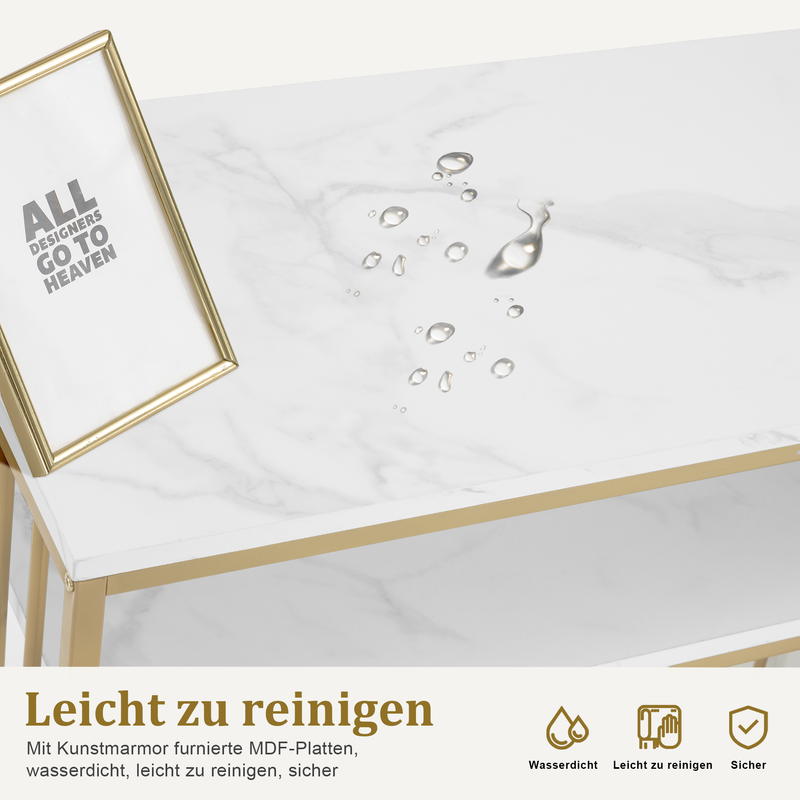 M MCombo Schreibtisch mit 3 Schubladen, Nageltisch aus Holz Metallgestell, Manikürtisch Marmor-Weiß Gold, Schminktisch ohne Spiegel Modern, Computertisch mit Regal Wohnzimmer, 43x108x125cm, 2420