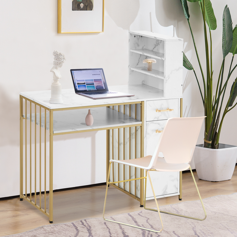 M MCombo Schreibtisch mit 3 Schubladen, Nageltisch aus Holz Metallgestell, Manikürtisch， Schminktisch ohne Spiegel Modern, Computertisch mit Regal Wohnzimmer, 43x108x125cm, 2420