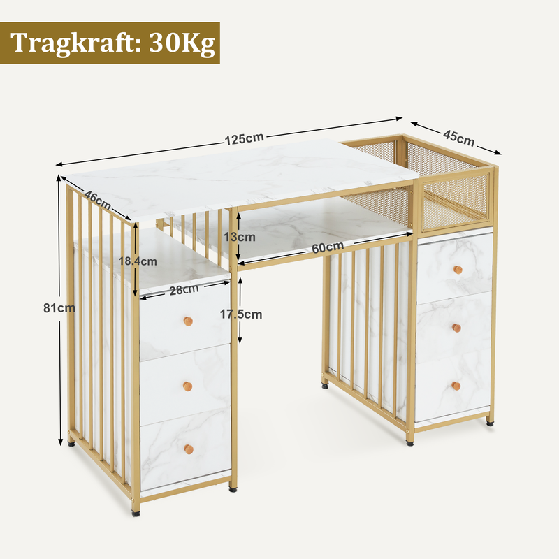 M MCombo Schreibtisch mit 6 Schubladen, Nageltisch aus Holz Metallgestell, Manikürtisch Marmor-Weiß Gold, Schminktisch ohne Spiegel Modern, Computertisch mit Ablagen Wohnzimmer, 46x125x81cm, 2425