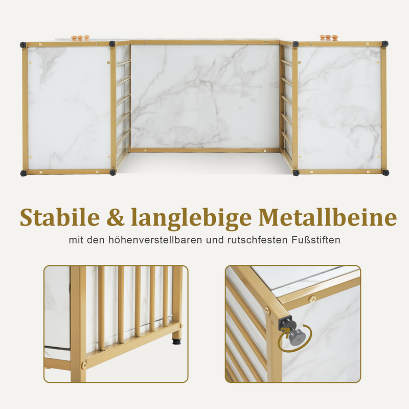 M MCombo Schreibtisch mit 6 Schubladen, Nageltisch aus Holz Metallgestell, Manikürtisch Marmor-Weiß Gold, Schminktisch ohne Spiegel Modern, Computertisch mit Ablagen Wohnzimmer, 46x125x81cm, 2425