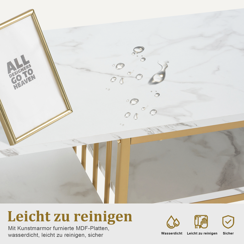 M MCombo Schreibtisch mit 6 Schubladen, Nageltisch aus Holz Metallgestell, Manikürtisch Marmor-Weiß Gold, Schminktisch ohne Spiegel Modern, Computertisch mit Ablagen Wohnzimmer, 46x125x81cm, 2425