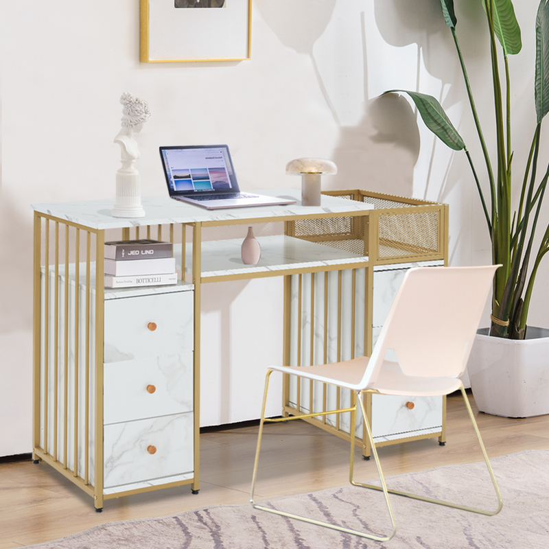 M MCombo Schreibtisch mit 6 Schubladen, Nageltisch aus Holz Metallgestell, Manikürtisch, Schminktisch ohne Spiegel Modern, Computertisch mit Ablagen Wohnzimmer, 46x125x81cm, 2425