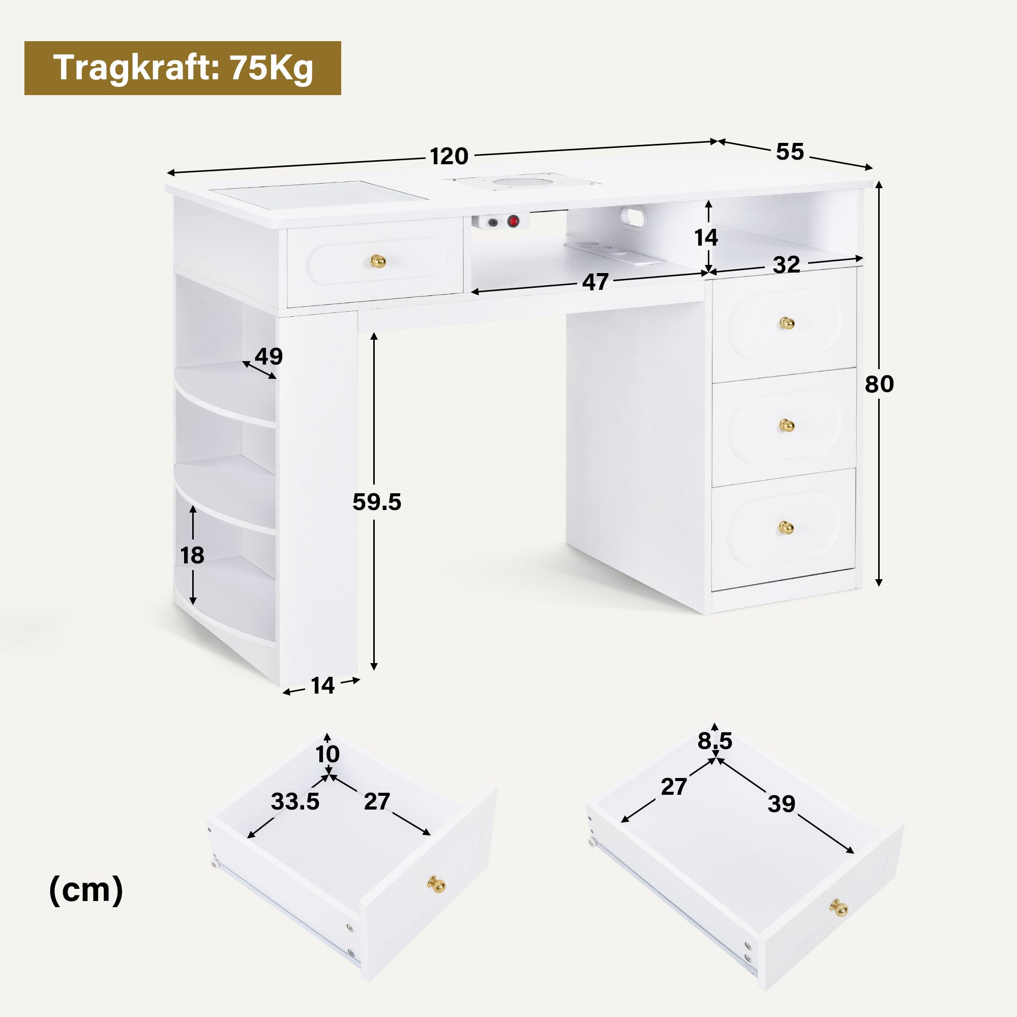 M MCombo Bureau avec 4 Tiroirs, Étagère, 2 Compartiments de Rangement & Plateau en Verre, Table de Manucure avec Aspiration & 2 Sacs d'Aspirateur, Table de Coiffeuse en Bois, Bureau pour Salon de Manucure Blanc, 55x120x80cm, 2442