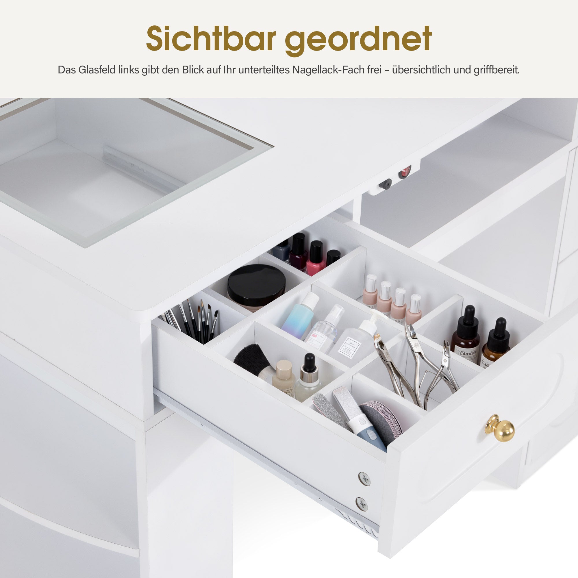 M MCombo Bureau avec 4 Tiroirs, Étagère, 2 Compartiments de Rangement & Plateau en Verre, Table de Manucure avec Aspiration & 2 Sacs d'Aspirateur, Table de Coiffeuse en Bois, Bureau pour Salon de Manucure Blanc, 55x120x80cm, 2442