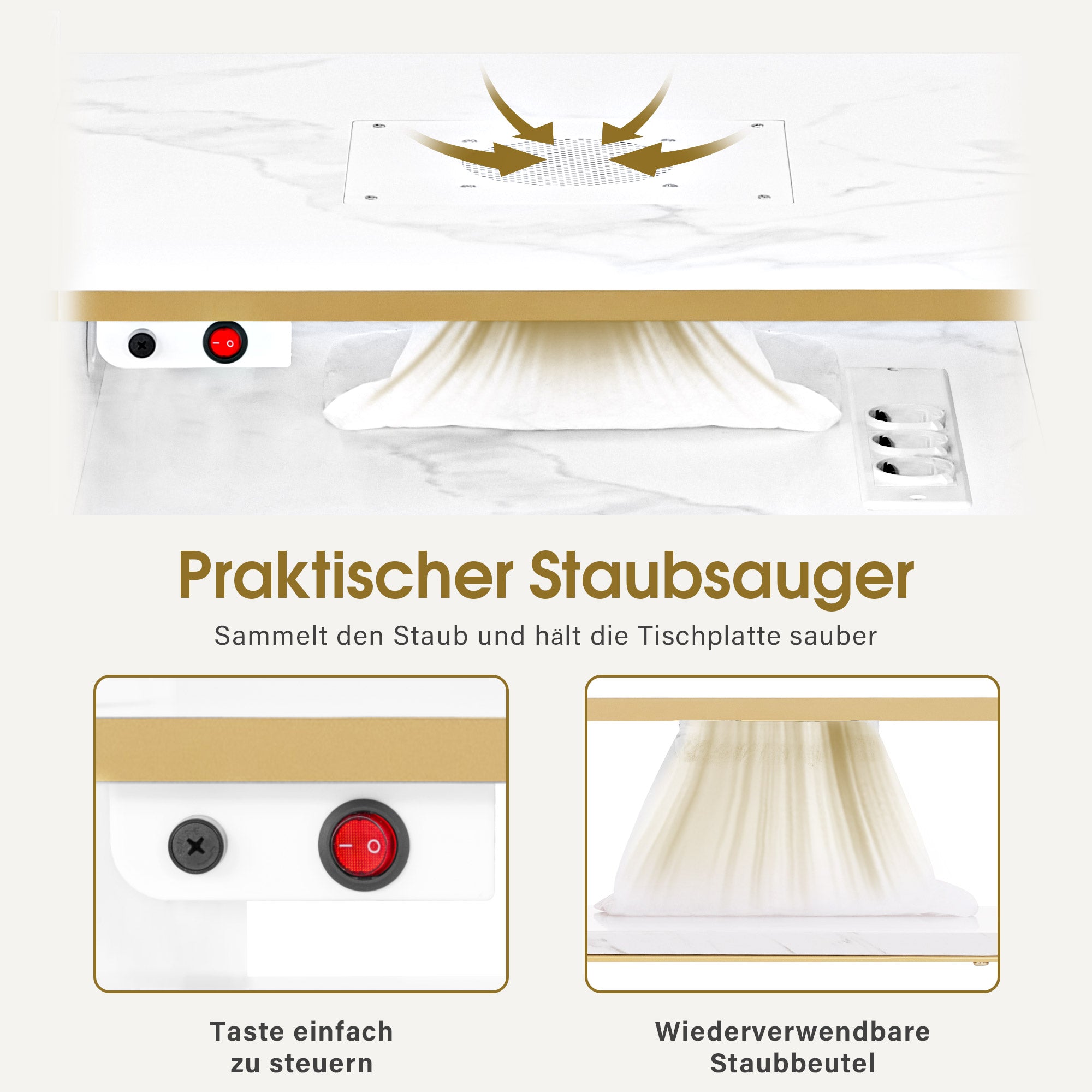 M MCombo Maniküretisch mit 4 Schubladen, 1 Regal & 5 Ablagen, Nageltisch mit Absaugung, 2 Staubsaugerbeuteln, Nagelfrisiertisch Holz, Schreibtisch für Nagelstudio, Marmor-Weiß Gold, 55x112x80cm, 2464
