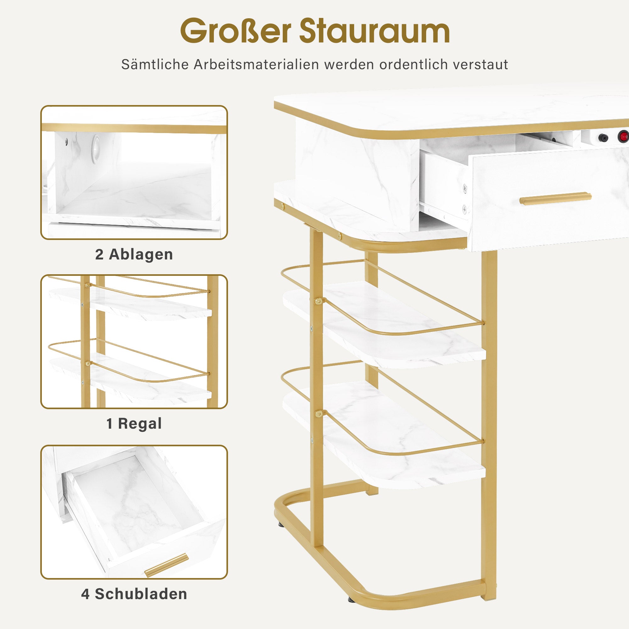 M MCombo Maniküretisch mit 4 Schubladen, 1 Regal & 5 Ablagen, Nageltisch mit Absaugung, 2 Staubsaugerbeuteln, Nagelfrisiertisch Holz, Schreibtisch für Nagelstudio, Marmor-Weiß Gold, 55x112x80cm, 2464