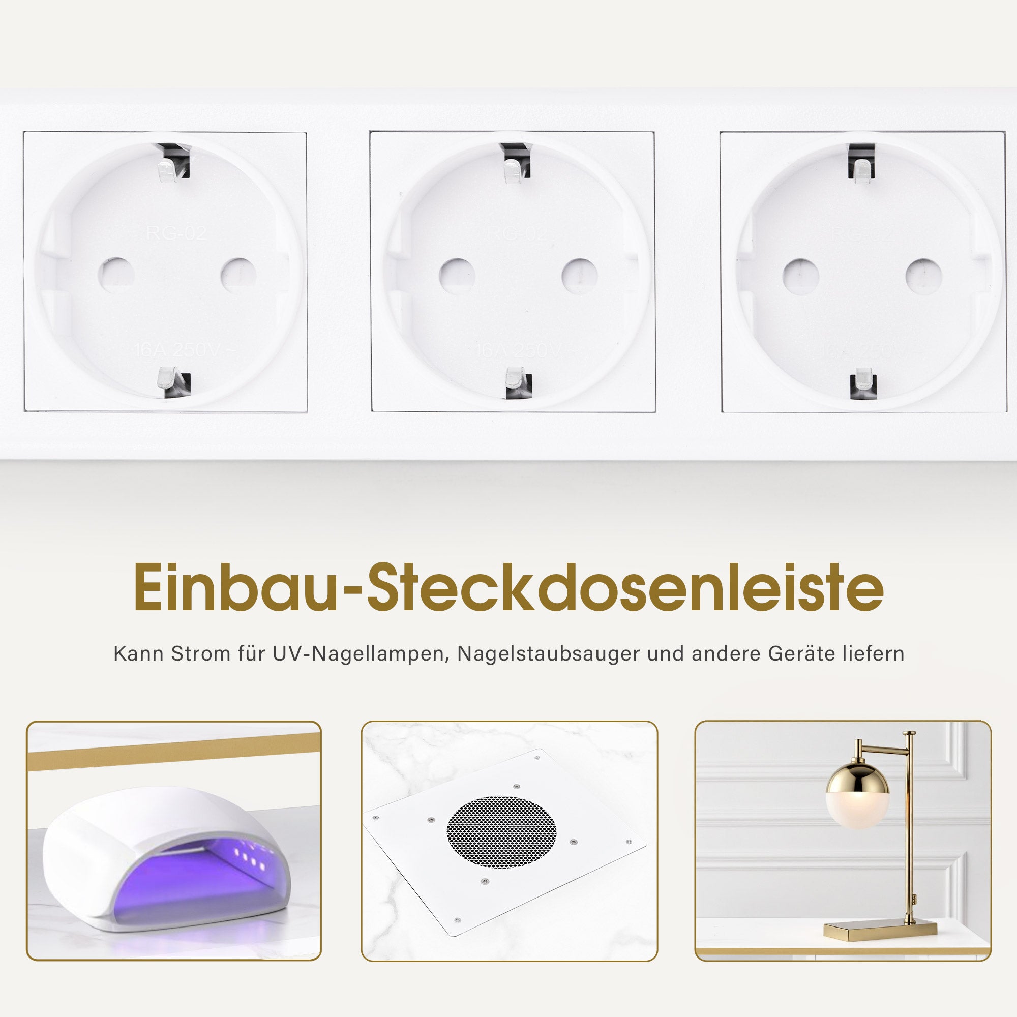 M MCombo Maniküretisch mit 4 Schubladen, 1 Regal & 5 Ablagen, Nageltisch mit Absaugung, 2 Staubsaugerbeuteln, Nagelfrisiertisch Holz, Schreibtisch für Nagelstudio, Marmor-Weiß Gold, 55x112x80cm, 2464