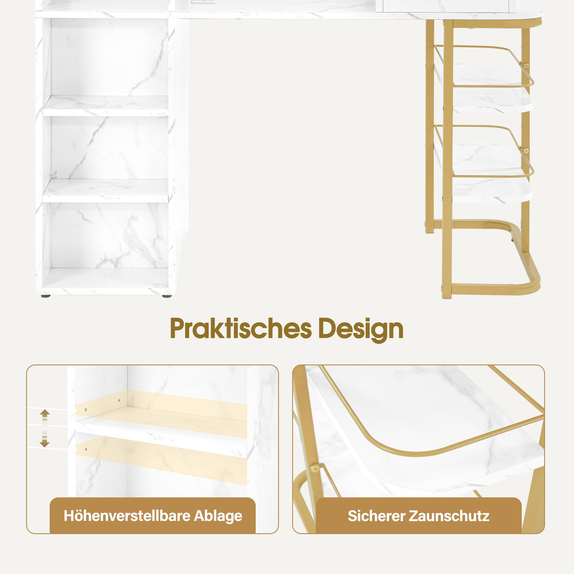 M MCombo Maniküretisch mit 4 Schubladen, 1 Regal & 5 Ablagen, Nageltisch mit Absaugung, 2 Staubsaugerbeuteln, Nagelfrisiertisch Holz, Schreibtisch für Nagelstudio, Marmor-Weiß Gold, 55x112x80cm, 2464