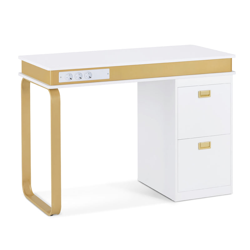 M MCombo Schreibtisch mit Schubladen für Nagelstudio, Manikürtisch mit 3 Steckdosen, Schminktisch ohne Spiegel Weiß-Gold, Nageltisch aus Holz Metallgestell, Nagelfrisiertisch, 50x110x80,5cm, 2484