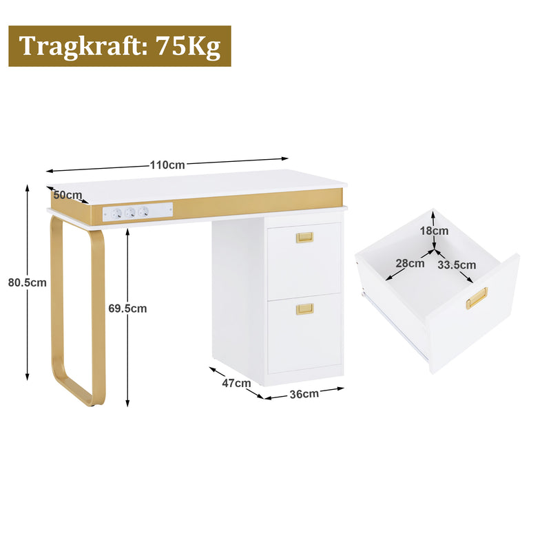 M MCombo Schreibtisch mit Schubladen für Nagelstudio, Manikürtisch mit 3 Steckdosen, Schminktisch ohne Spiegel Weiß-Gold, Nageltisch aus Holz Metallgestell, Nagelfrisiertisch, 50x110x80,5cm, 2484