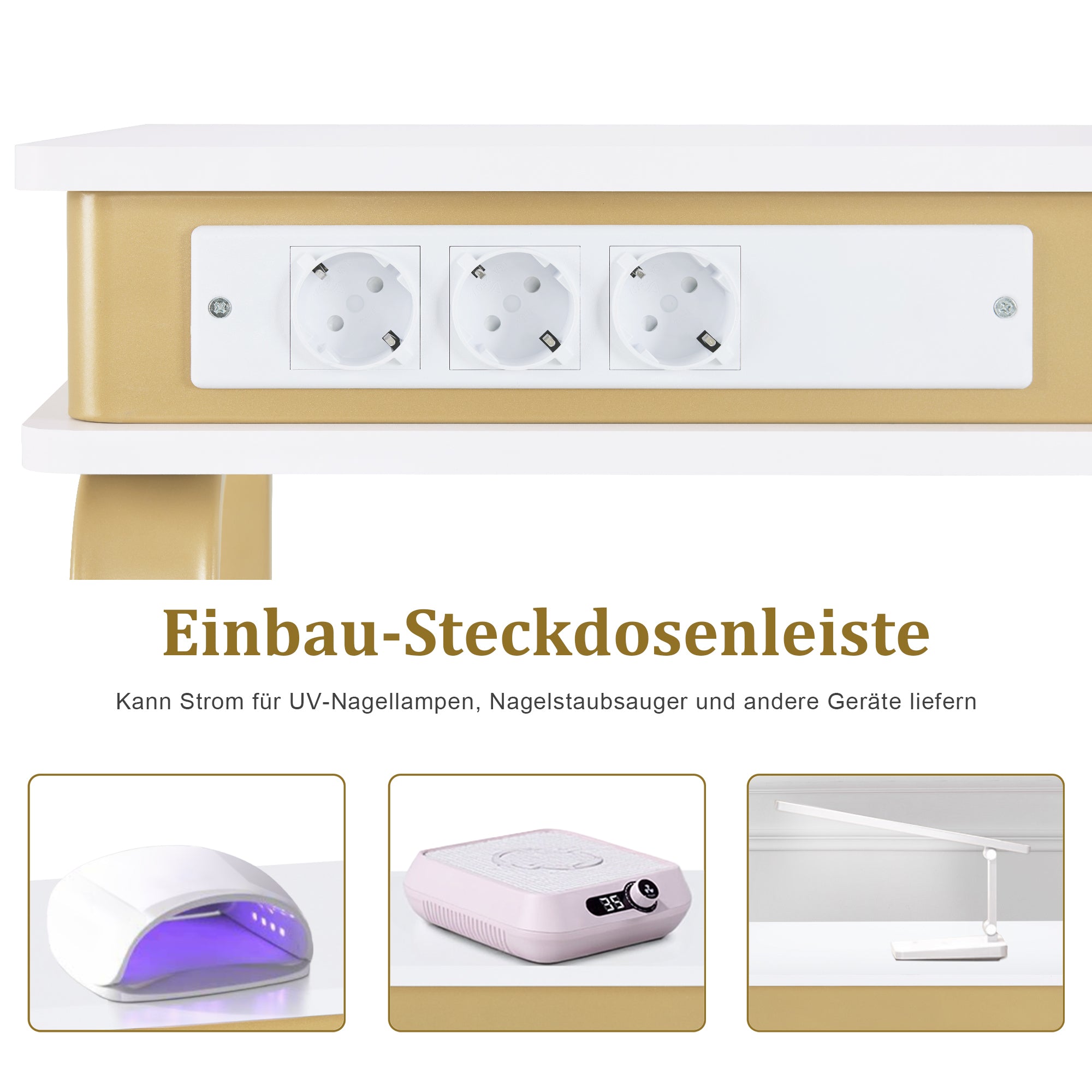 M MCombo Schreibtisch mit Schubladen für Nagelstudio, Manikürtisch mit 3 Steckdosen, Schminktisch ohne Spiegel Weiß-Gold, Nageltisch aus Holz Metallgestell, Nagelfrisiertisch, 50x110x80,5cm, 2484