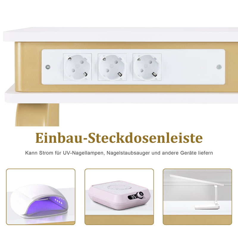 M MCombo Schreibtisch mit Schubladen für Nagelstudio, Manikürtisch mit 3 Steckdosen, Schminktisch ohne Spiegel Weiß-Gold, Nageltisch aus Holz Metallgestell, Nagelfrisiertisch, 50x110x80,5cm, 2484
