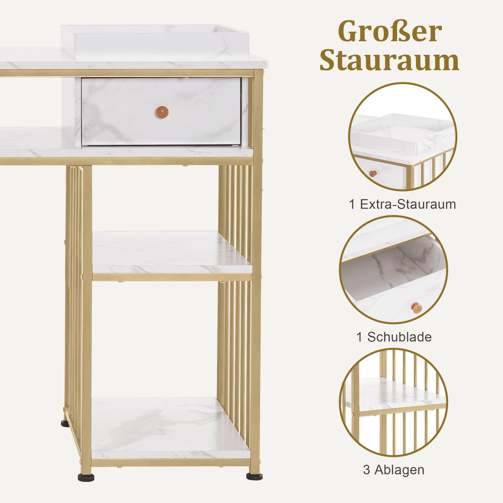 M MCombo Schreibtisch mit Schubladen, Nageltisch mit Regal, Manikürtisch aus Holz Metallgestell,  Schminktisch ohne Spiegel Wohnzimmer Modern, Marmor-Weiß Gold, 45 x 110 x 80.5cm, 2498