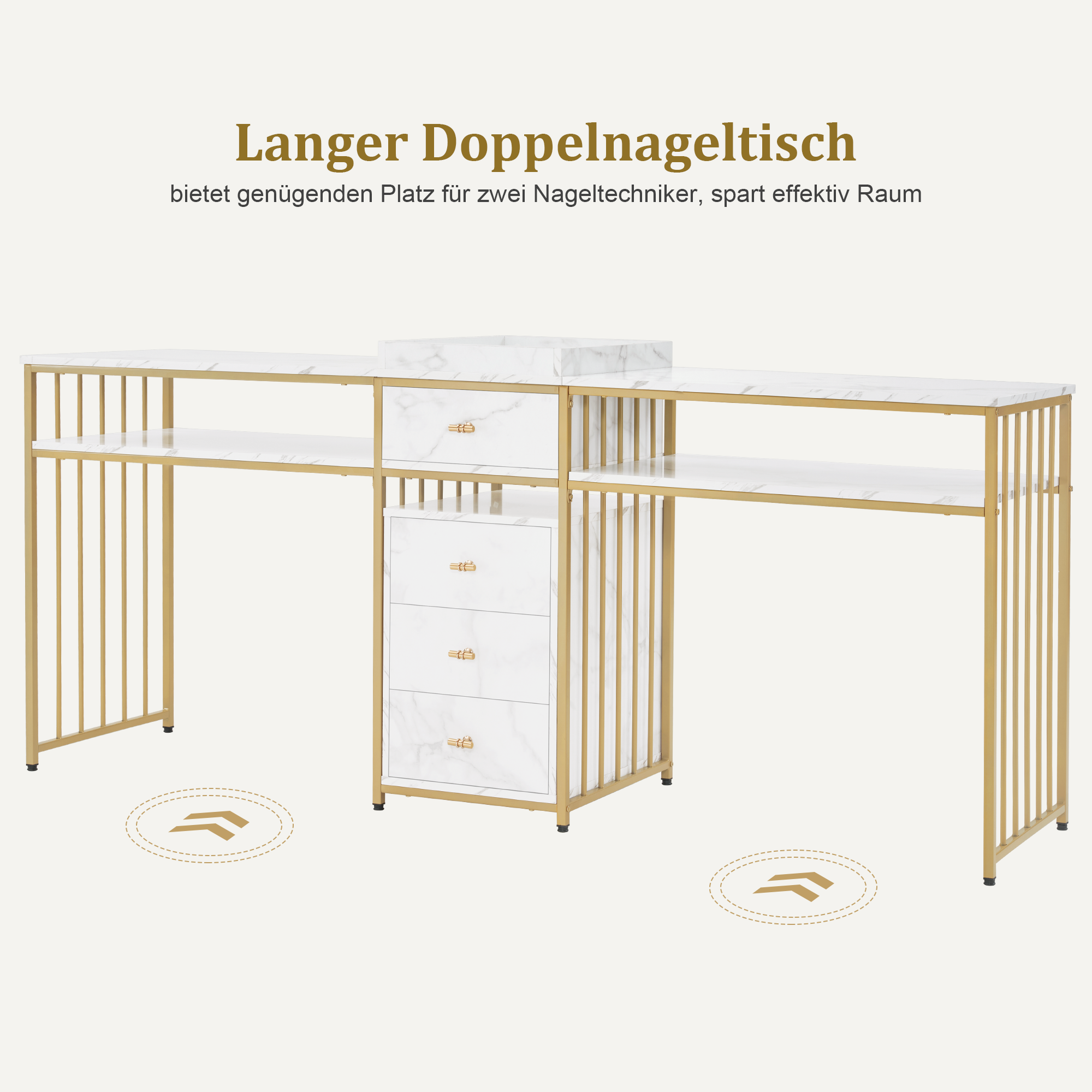 M MCombo Double Nail Table with Drawers, Desk with Shelf, Manicure Table, Dressing Table without Mirror Living Room Modern, Marble White Gold, 50 x 200 x 86cm, 2413 
