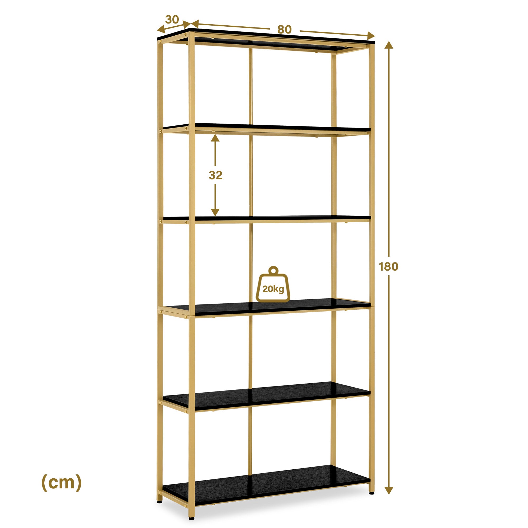 MCombo Bücherregal Gold, Standregal mit 5 Ebenen, Büroregal mit Metallrahmen, Regal für Büro, Wohnzimmer, Schlafzimmer, Küche, Nagelstudio, 30x80x180cm, 5166
