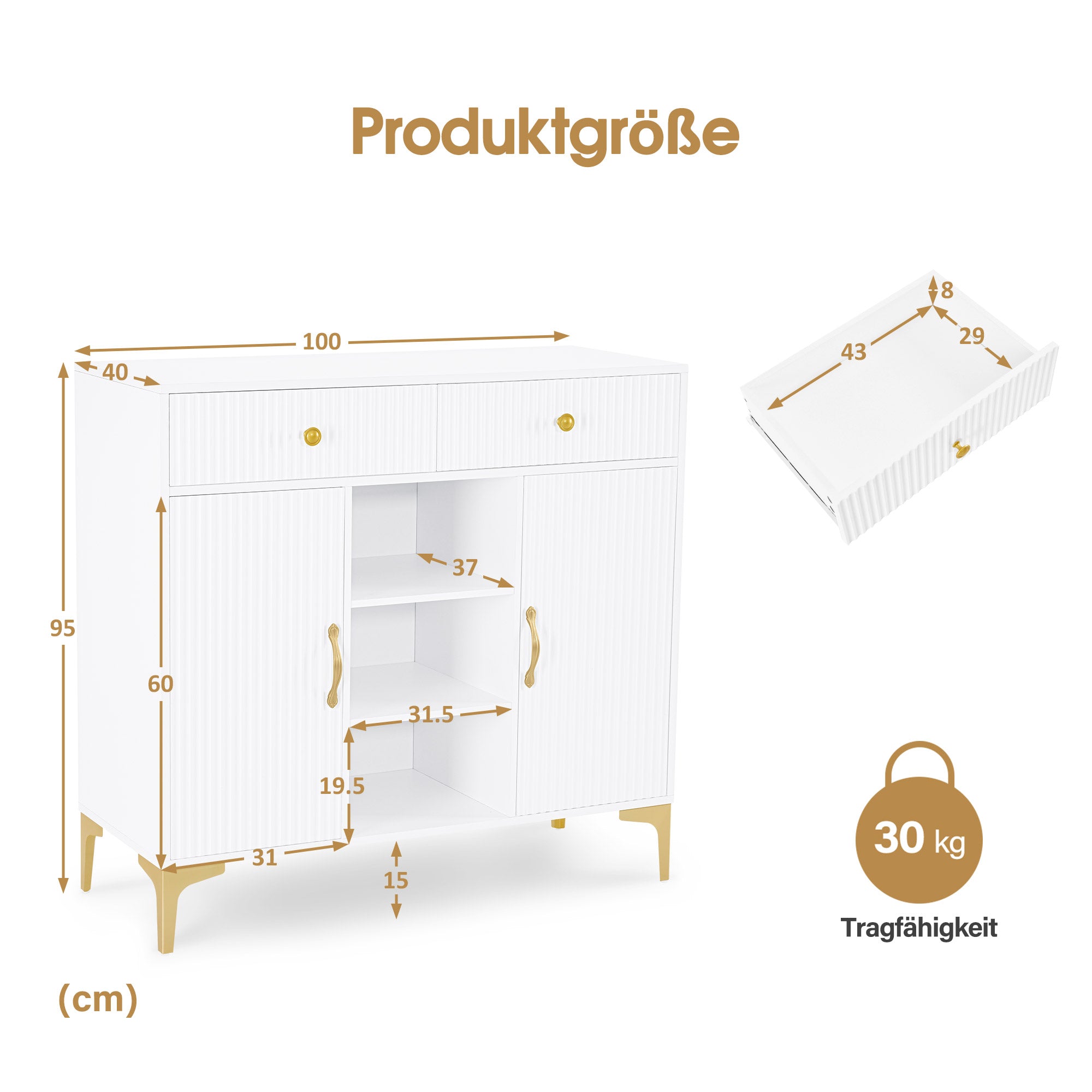 M MCombo Sideboard mit 2 Schubladen, Badezimmerschrank mit 3 Offenen Fächern & 2 Verstellbaren Ablagen, Küchenschrank, Kommode Weiß, Beistellschrank für Nagelstudio, Badschrank, 40x100x95cm, 6647
