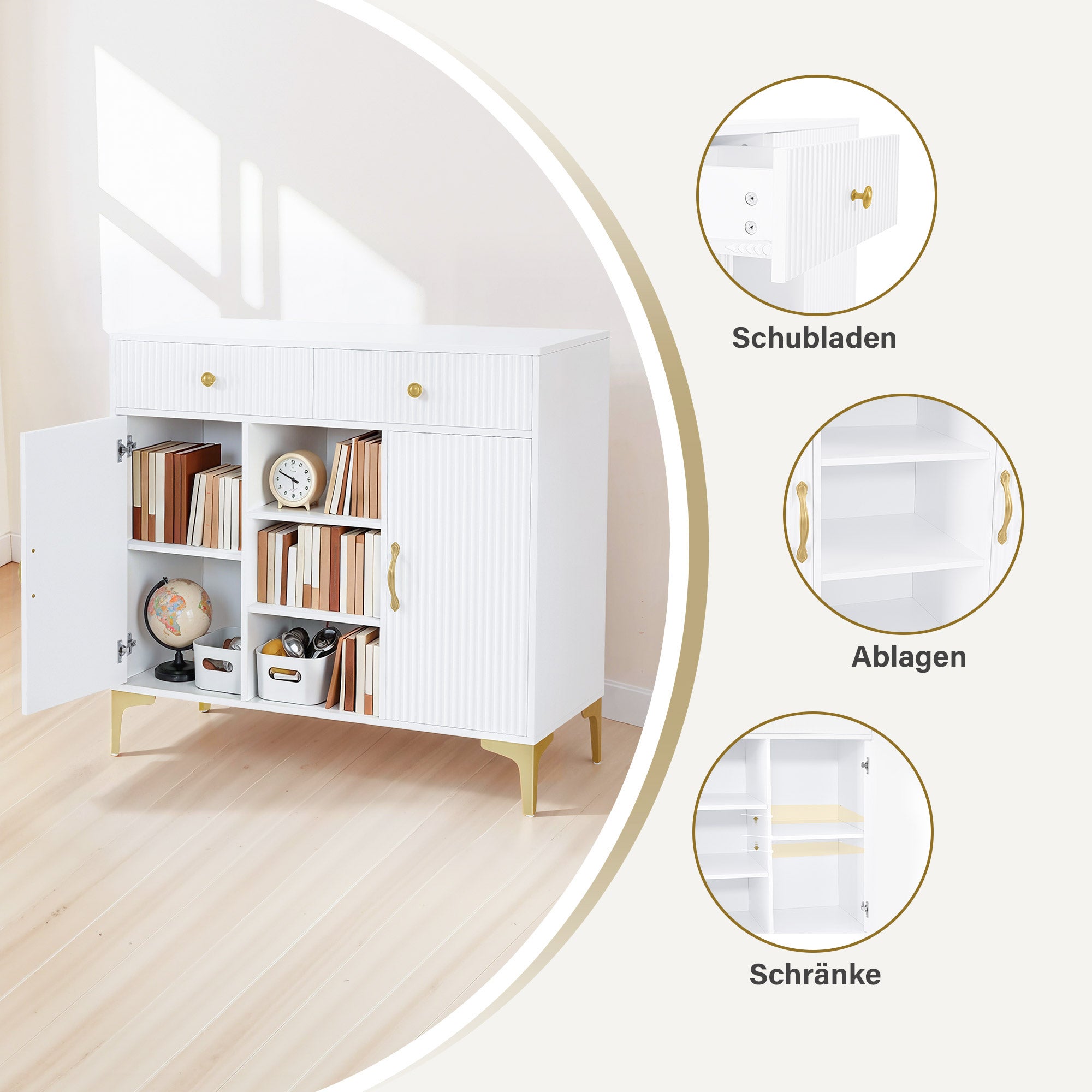 M MCombo Sideboard mit 2 Schubladen, Badezimmerschrank mit 3 Offenen Fächern & 2 Verstellbaren Ablagen, Küchenschrank, Kommode Weiß, Beistellschrank für Nagelstudio, Badschrank, 40x100x95cm, 6647