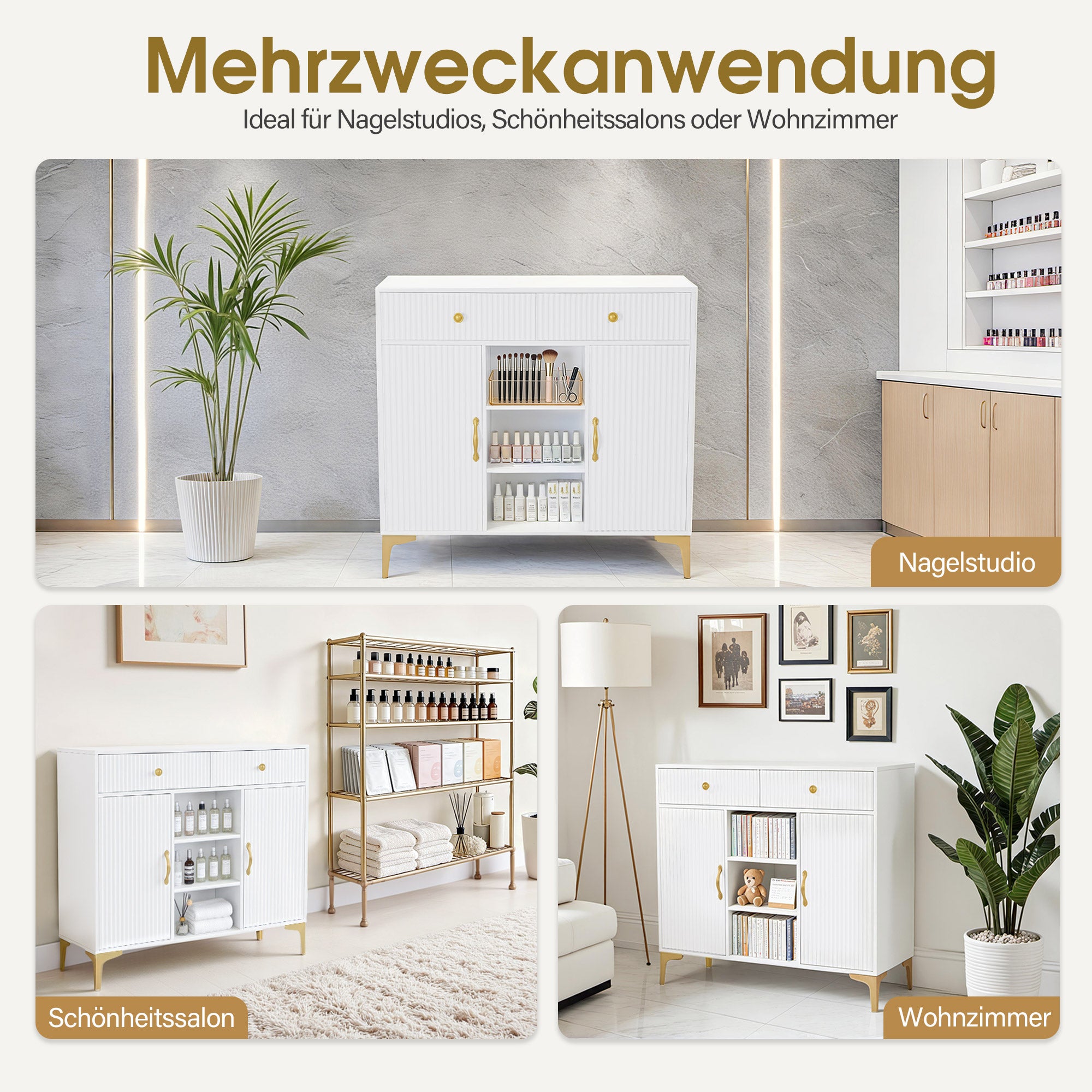 M MCombo Sideboard mit 2 Schubladen, Badezimmerschrank mit 3 Offenen Fächern & 2 Verstellbaren Ablagen, Küchenschrank, Kommode Weiß, Beistellschrank für Nagelstudio, Badschrank, 40x100x95cm, 6647