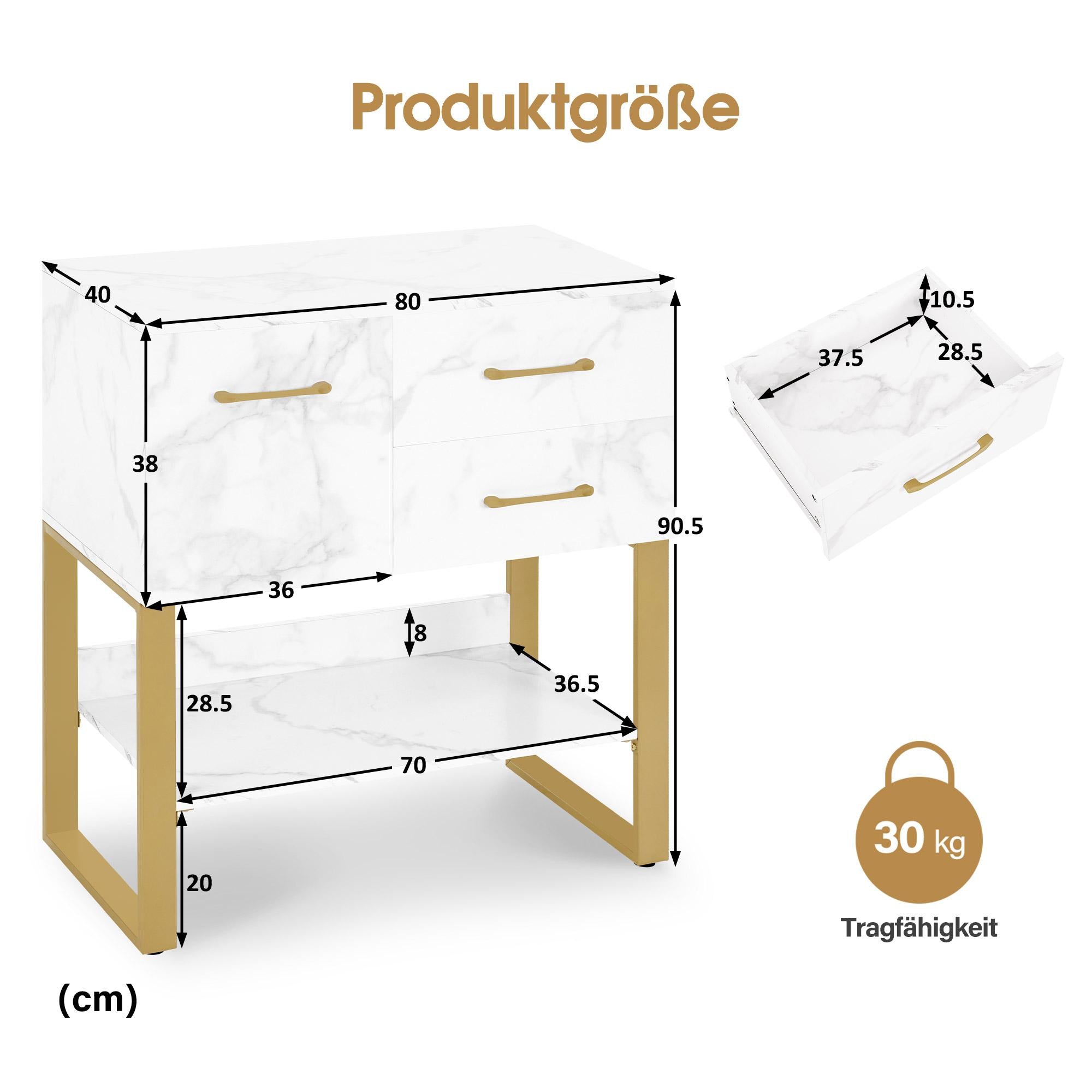 M MCombo Sideboard mit 2 Schubladen, Badezimmerschrank mit Schrank & Offener Ablage, Kommode Metallgestell, Beistellschrank für Friseursalon, Aufbewahrungsschrank Marmor-Weiß Gold, 40x80x90,5cm, 6678