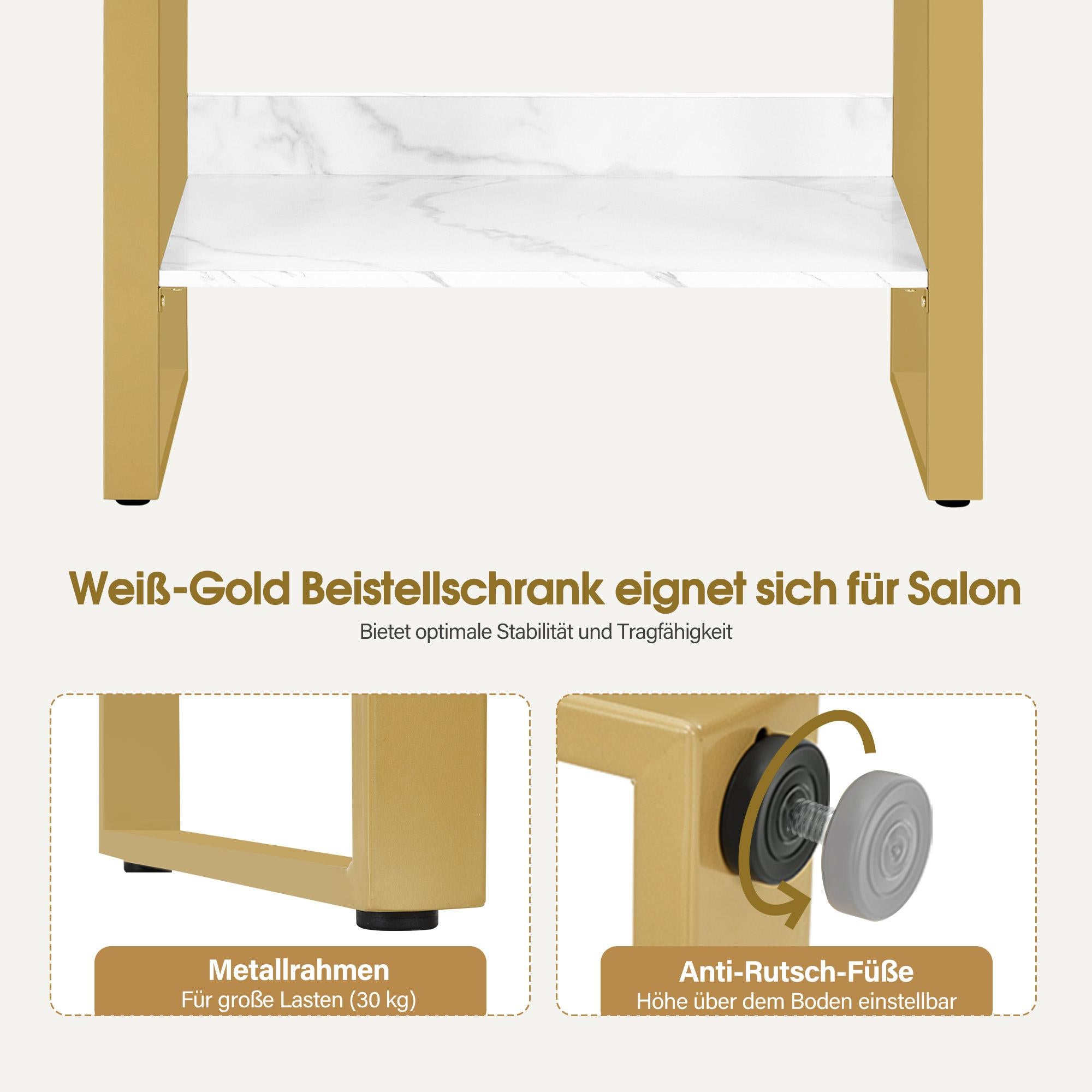 M MCombo Sideboard mit 2 Schubladen, Badezimmerschrank mit Schrank & Offener Ablage, Kommode Metallgestell, Beistellschrank für Friseursalon, Aufbewahrungsschrank Marmor-Weiß Gold, 40x80x90,5cm, 6678