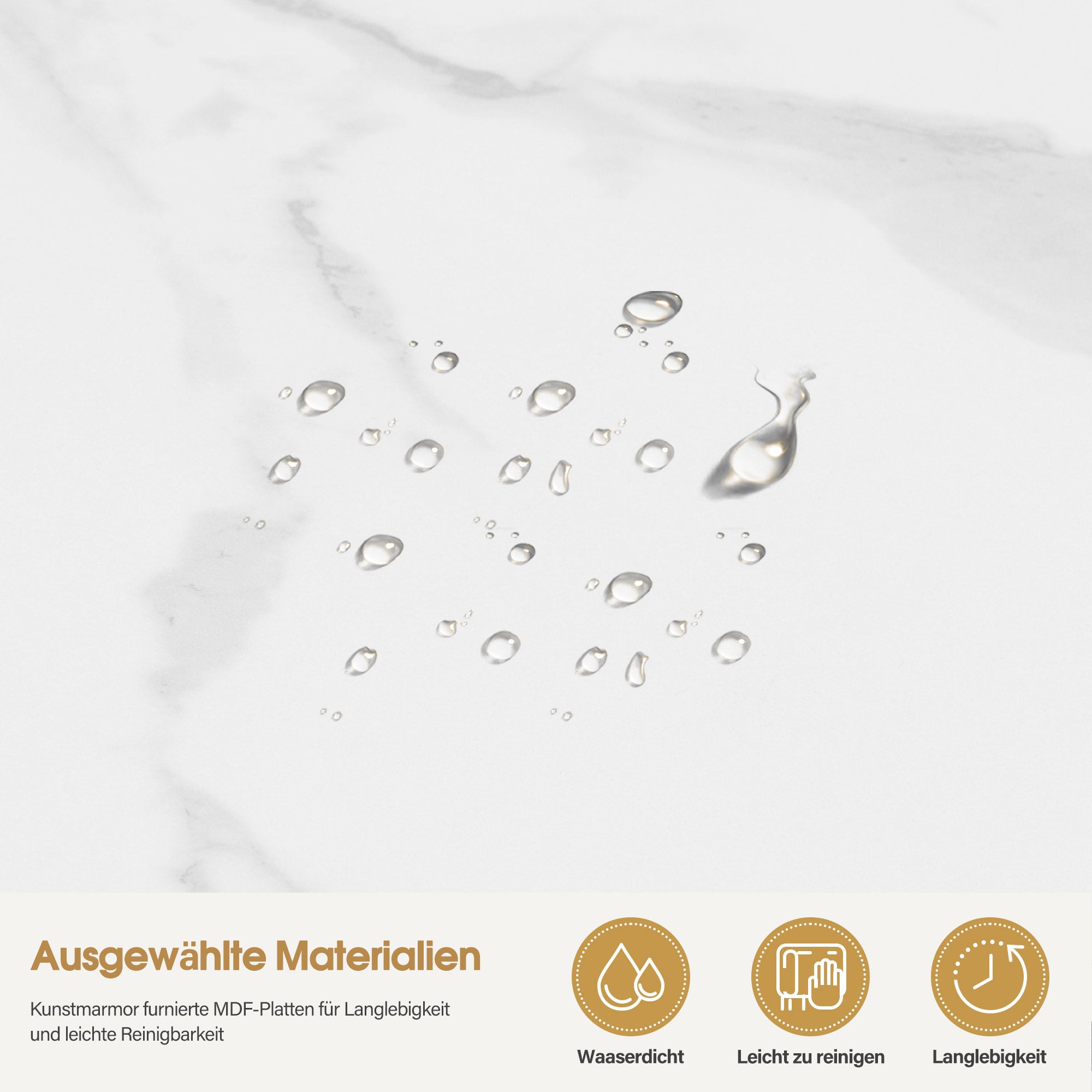 M MCombo Sideboard mit 2 Schubladen, Badezimmerschrank mit Schrank & Offener Ablage, Kommode Metallgestell, Beistellschrank für Friseursalon, Aufbewahrungsschrank Marmor-Weiß Gold, 40x80x90,5cm, 6678