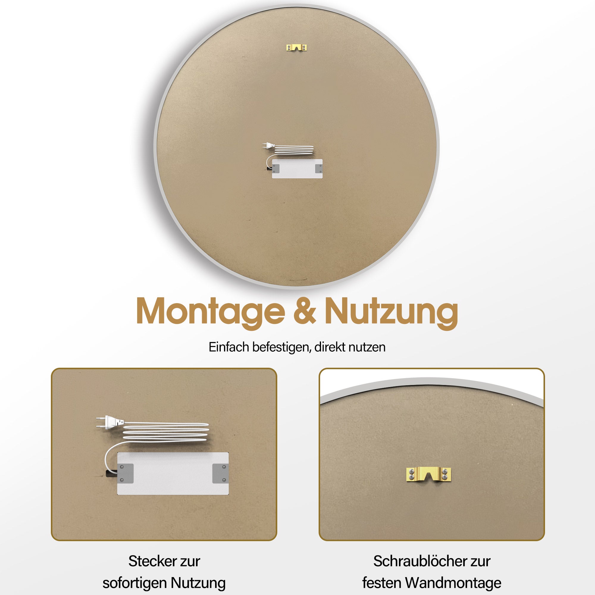 MCombo Wall Mirror with Lighting, Bathroom Mirror with Aluminum Frame, Round Mirror with Touch Switch, 3 Dimmable Light Colors, Bathroom Mirror J6228