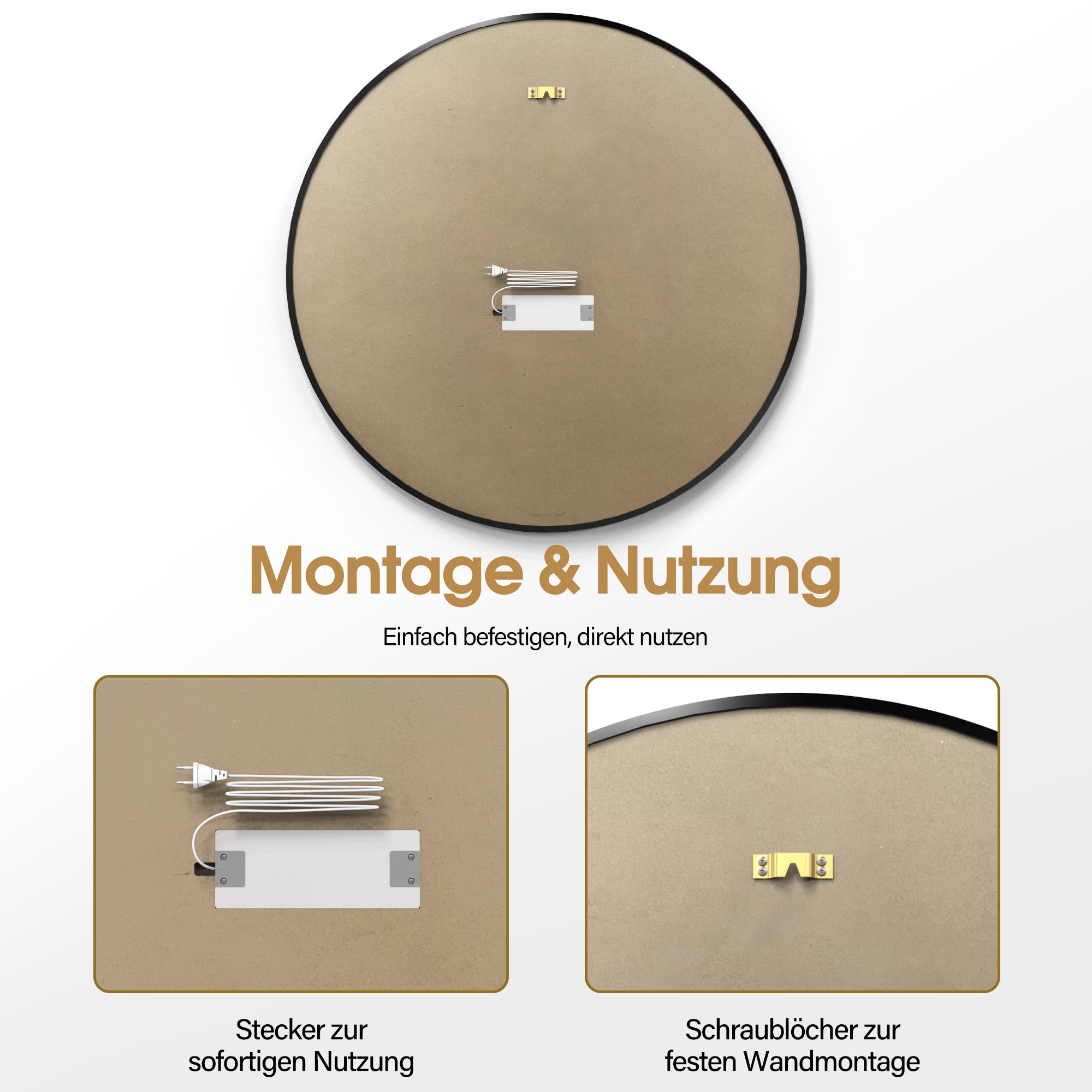MCombo LED Wall Mirror, Bathroom Mirror with Aluminum Frame, Round Mirror with Touch Switch, 3 Dimmable Light Colors, Bathroom Mirror J6236