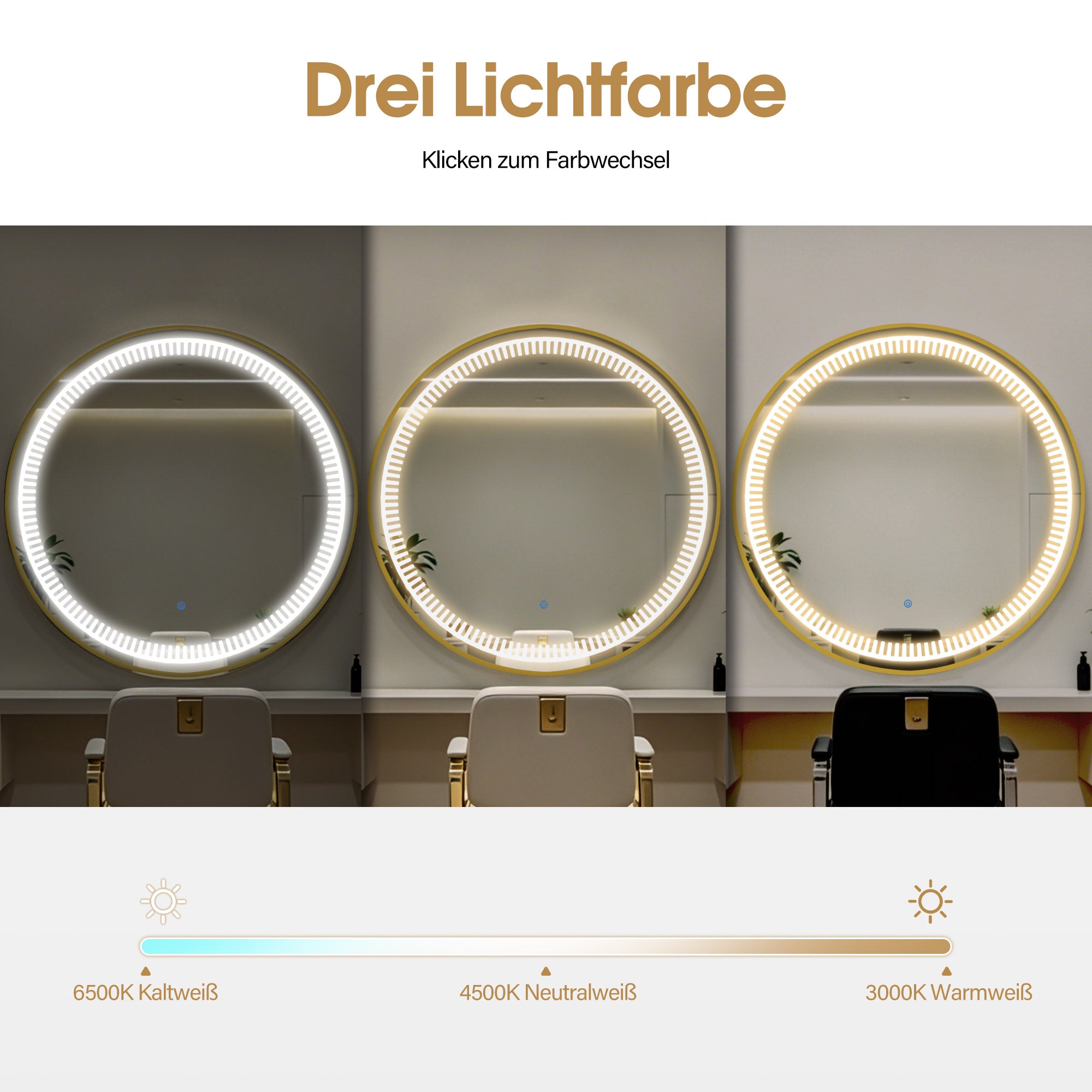 MCombo LED Wall Mirror, Bathroom Mirror with Aluminum Frame, Round Mirror with Touch Switch, 3 Dimmable Light Colors, Bathroom Mirror J6236