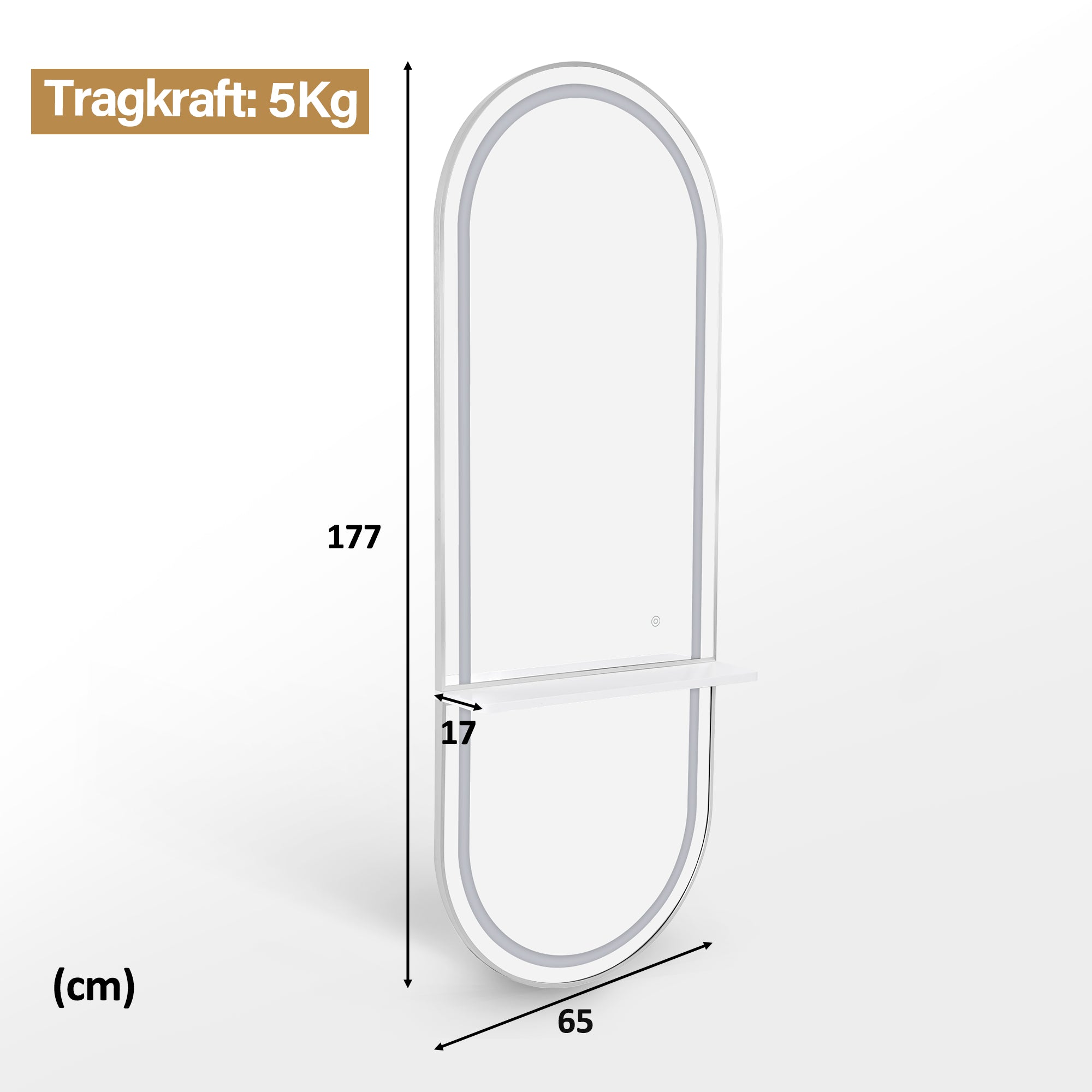 M MCombo Wandspiegel mit Beleuchtung, Ganzkörperspiegel mit Aluminiumrahmen, Großer Spiegel mit Ablage, Touch-Schalter, 3 Lichtfarben Dimmbar, für Friseursalon, 17x65x177 cm, J6270