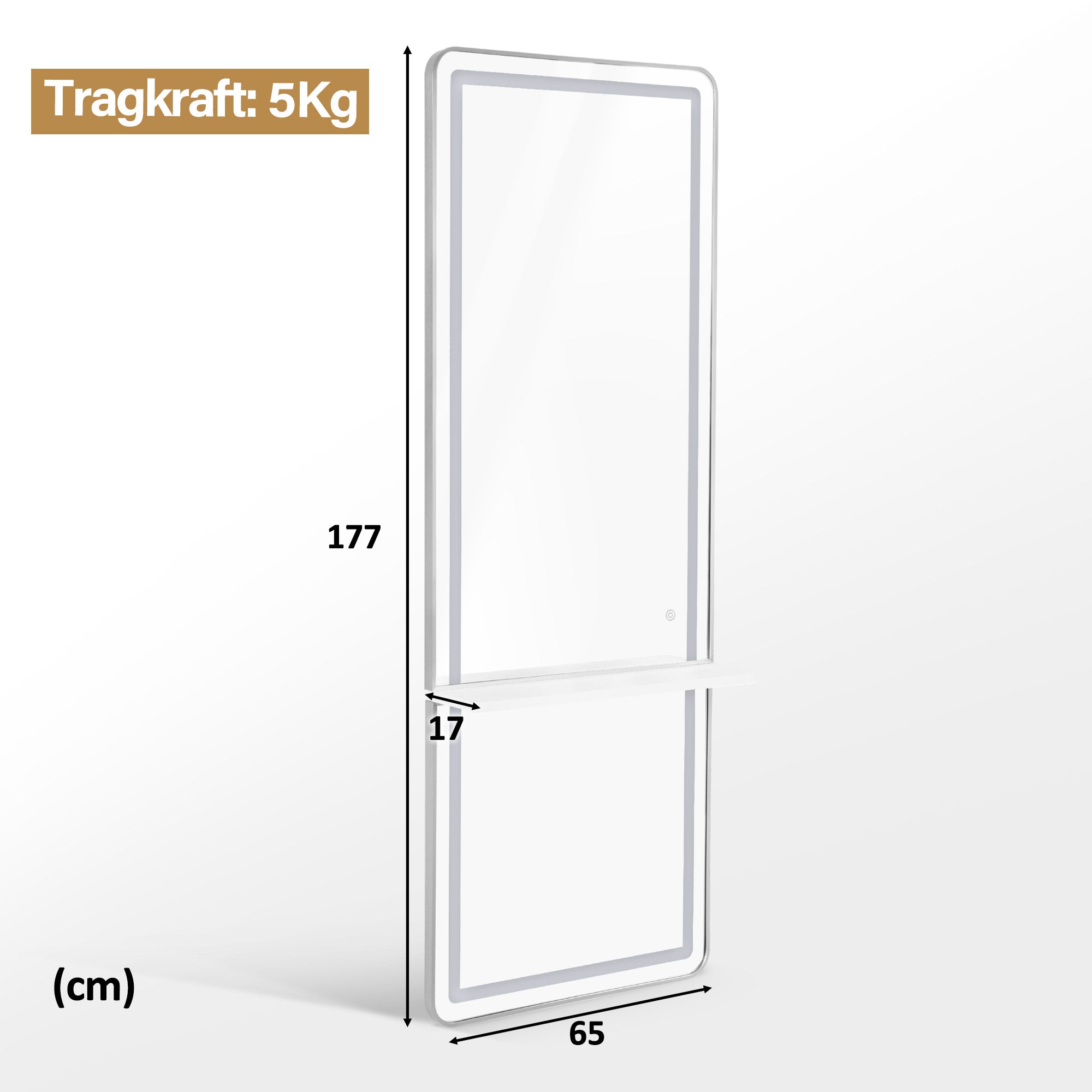 Miroir mural M MCombo avec éclairage intégré, miroir pleine longueur avec cadre en aluminium, grand miroir avec étagère, interrupteur tactile, 3 couleurs de lumière, intensité variable, 17 x 65 x 177 cm, J6271
