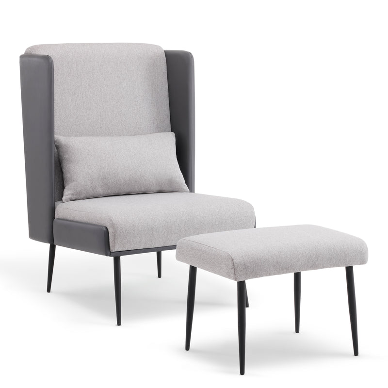 M MCombo Ohrensessel mit Hocker, Polstersessel Relaxsessel für Wohnzimmer,  Lesesessel Bequem, Fernsehsessel mit Flügelrücken, Loungesessel Modern, Stoff/Kunstleder 4707 (Grau)