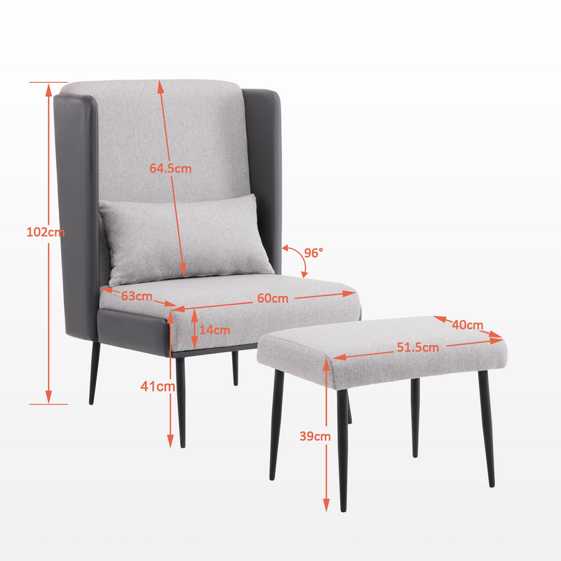 M MCombo Ohrensessel mit Hocker, Polstersessel Relaxsessel für Wohnzimmer,  Lesesessel Bequem, Fernsehsessel mit Flügelrücken, Loungesessel Modern, Stoff/Kunstleder 4707 (Grau)