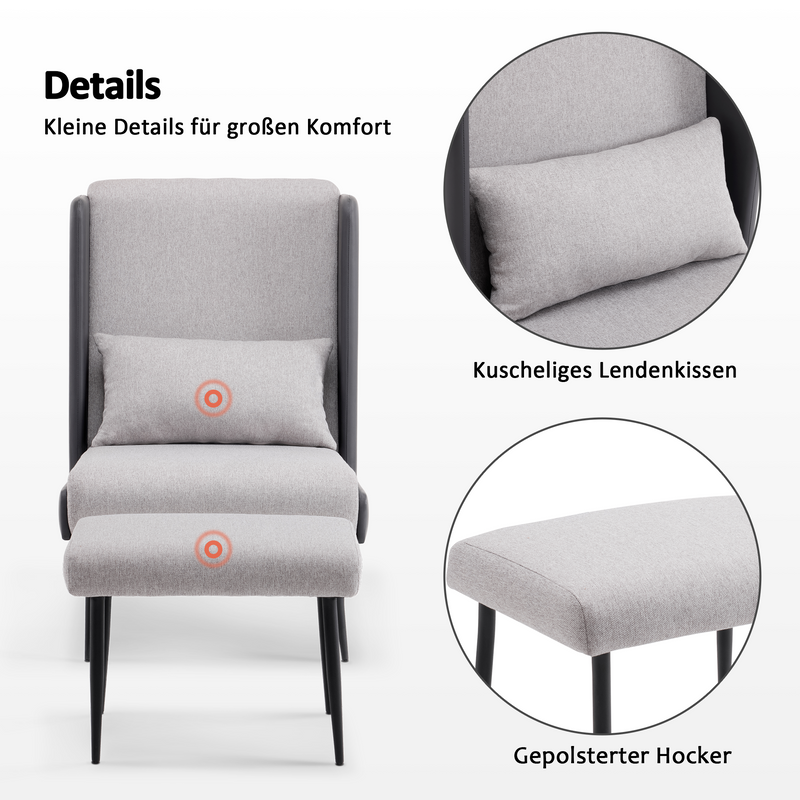 M MCombo Ohrensessel mit Hocker, Polstersessel Relaxsessel für Wohnzimmer,  Lesesessel Bequem, Fernsehsessel mit Flügelrücken, Loungesessel Modern, Stoff/Kunstleder 4707 (Grau)