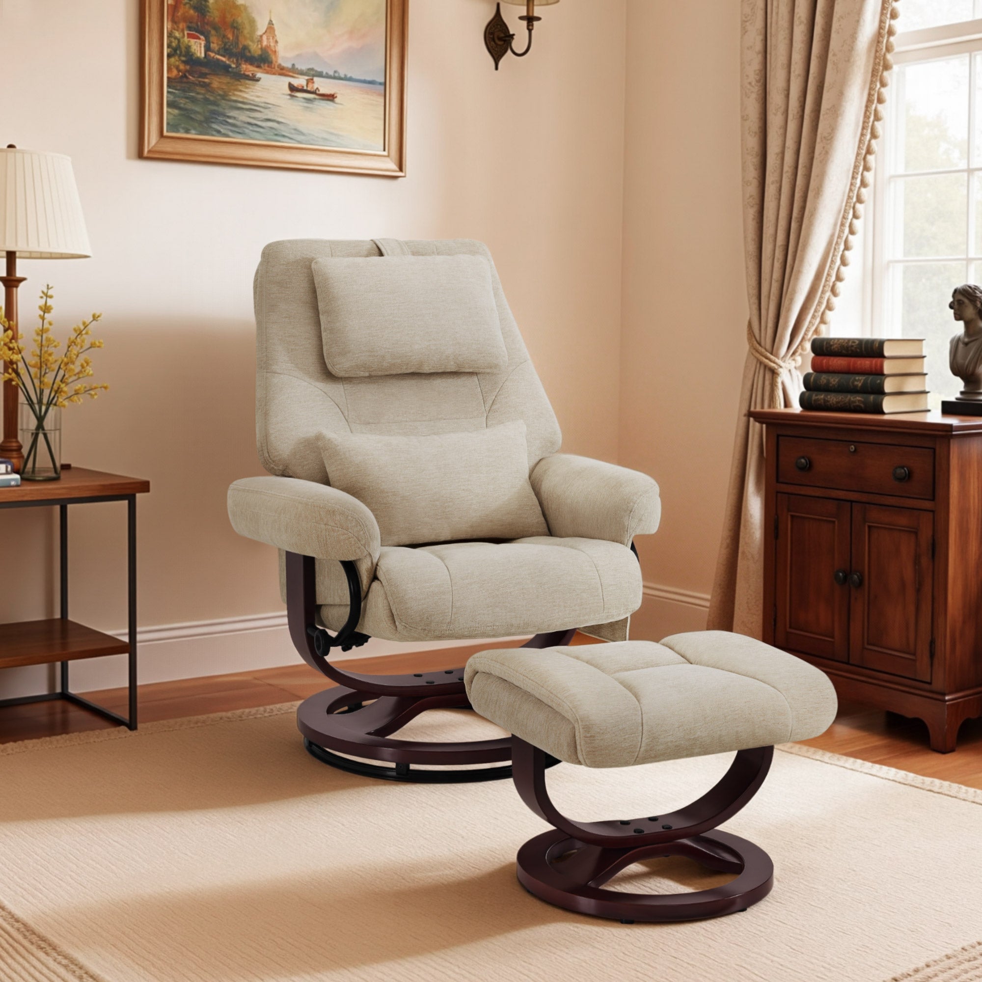 M MCombo Relaxsessel mit Liegefunktion, Lesesessel, 360° Drehbarer Fernsehsessel mit Hocker, mit Verstellbares Kopfkissen, Lendenkissen & Seitentasche, TV-Sessel für Wohnzimmer, 9046