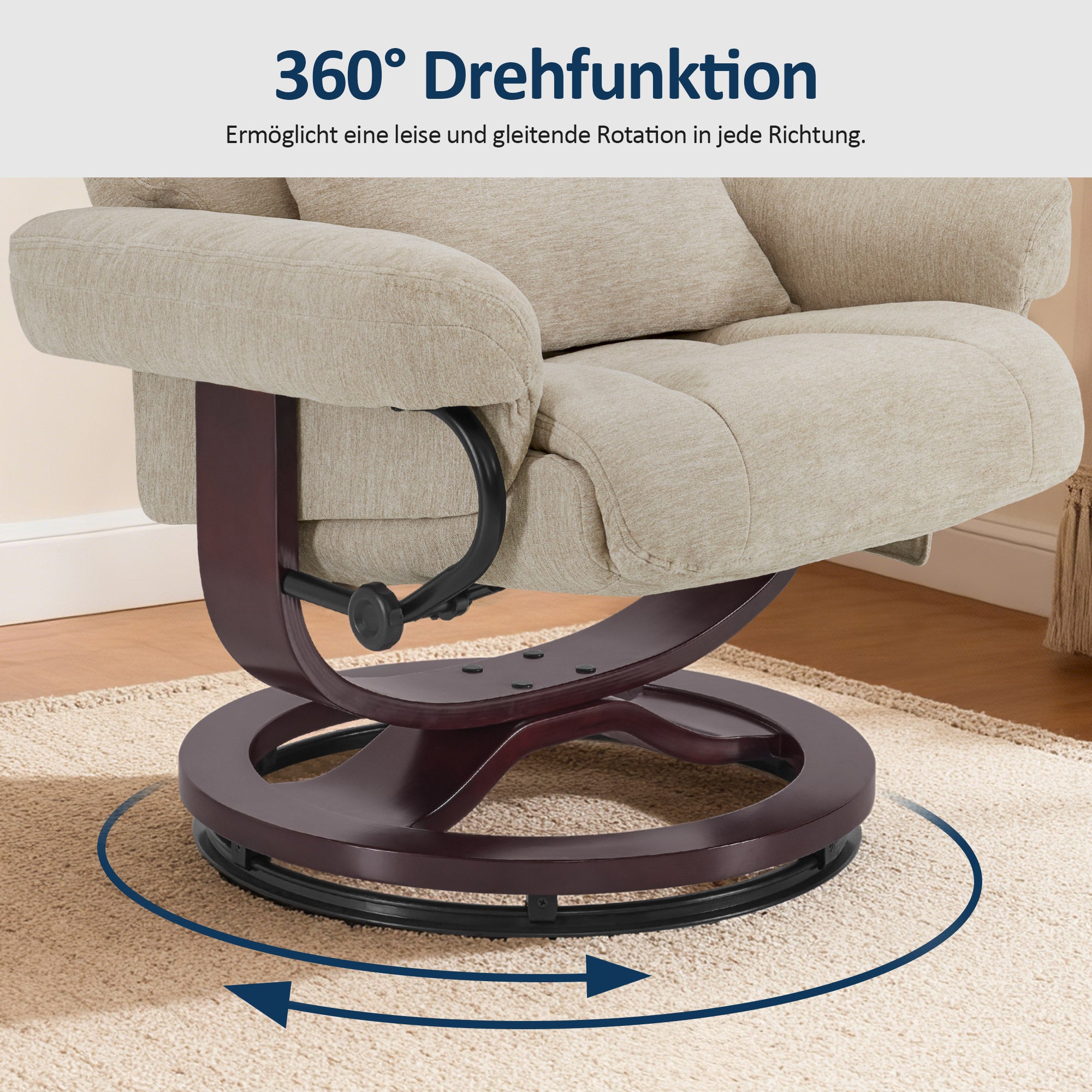 M MCombo Relaxsessel mit Liegefunktion, Lesesessel, 360° Drehbarer Fernsehsessel mit Hocker, mit Verstellbares Kopfkissen, Lendenkissen & Seitentasche, TV-Sessel für Wohnzimmer, 9046