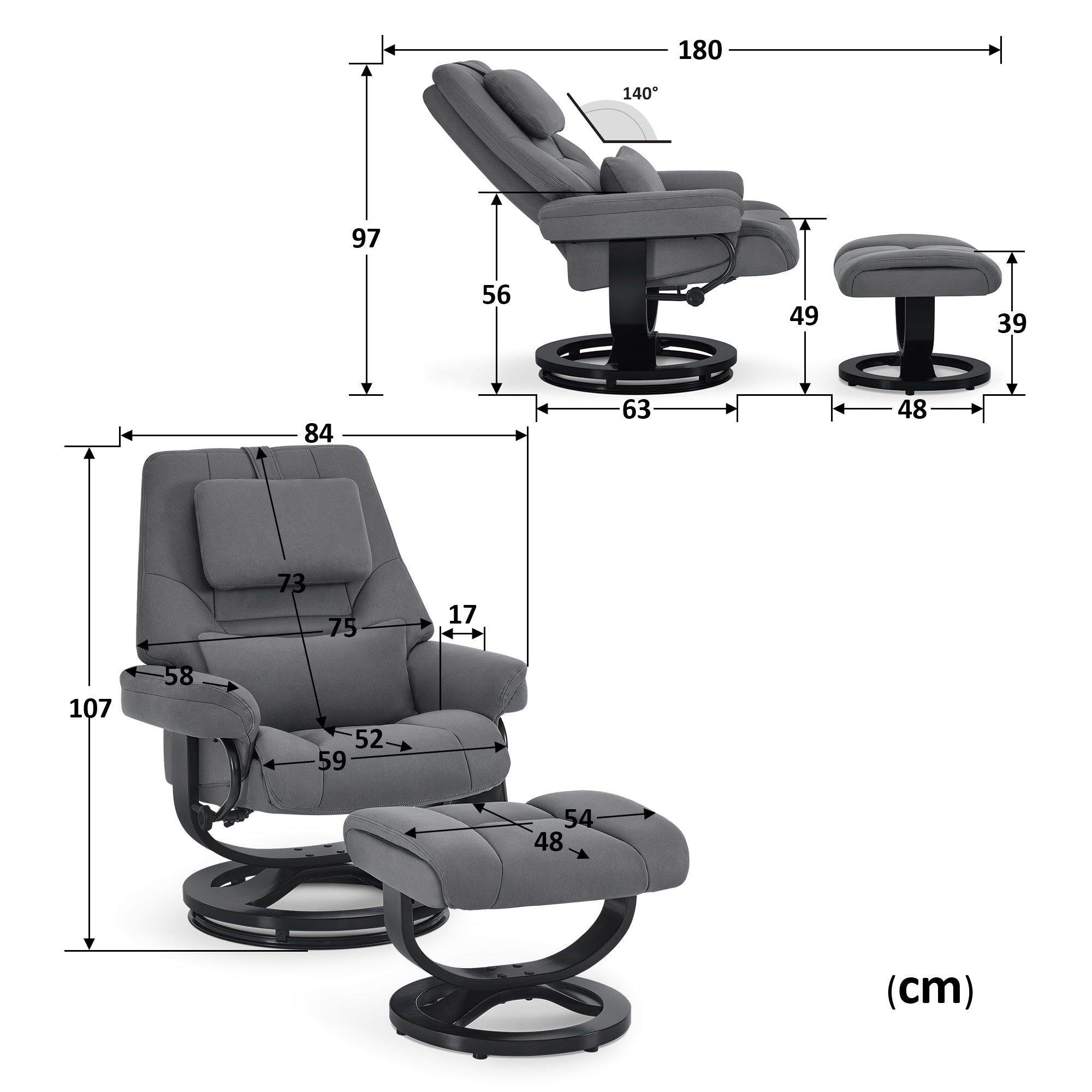 M MCombo Relaxsessel mit Liegefunktion, Lesesessel, 360° Drehbarer Fernsehsessel mit Hocker, mit Verstellbares Kopfkissen, Lendenkissen & Seitentasche, TV-Sessel für Wohnzimmer, 9046
