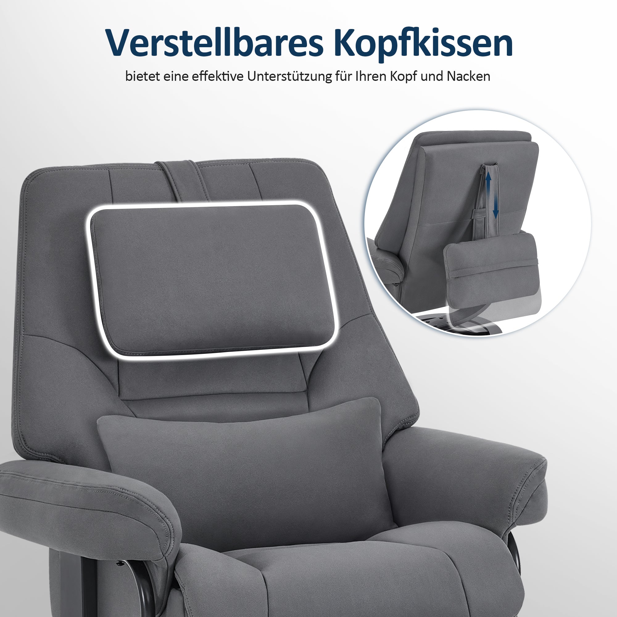 M MCombo Relaxsessel mit Liegefunktion, Lesesessel, 360° Drehbarer Fernsehsessel mit Hocker, mit Verstellbares Kopfkissen, Lendenkissen & Seitentasche, TV-Sessel für Wohnzimmer, 9046