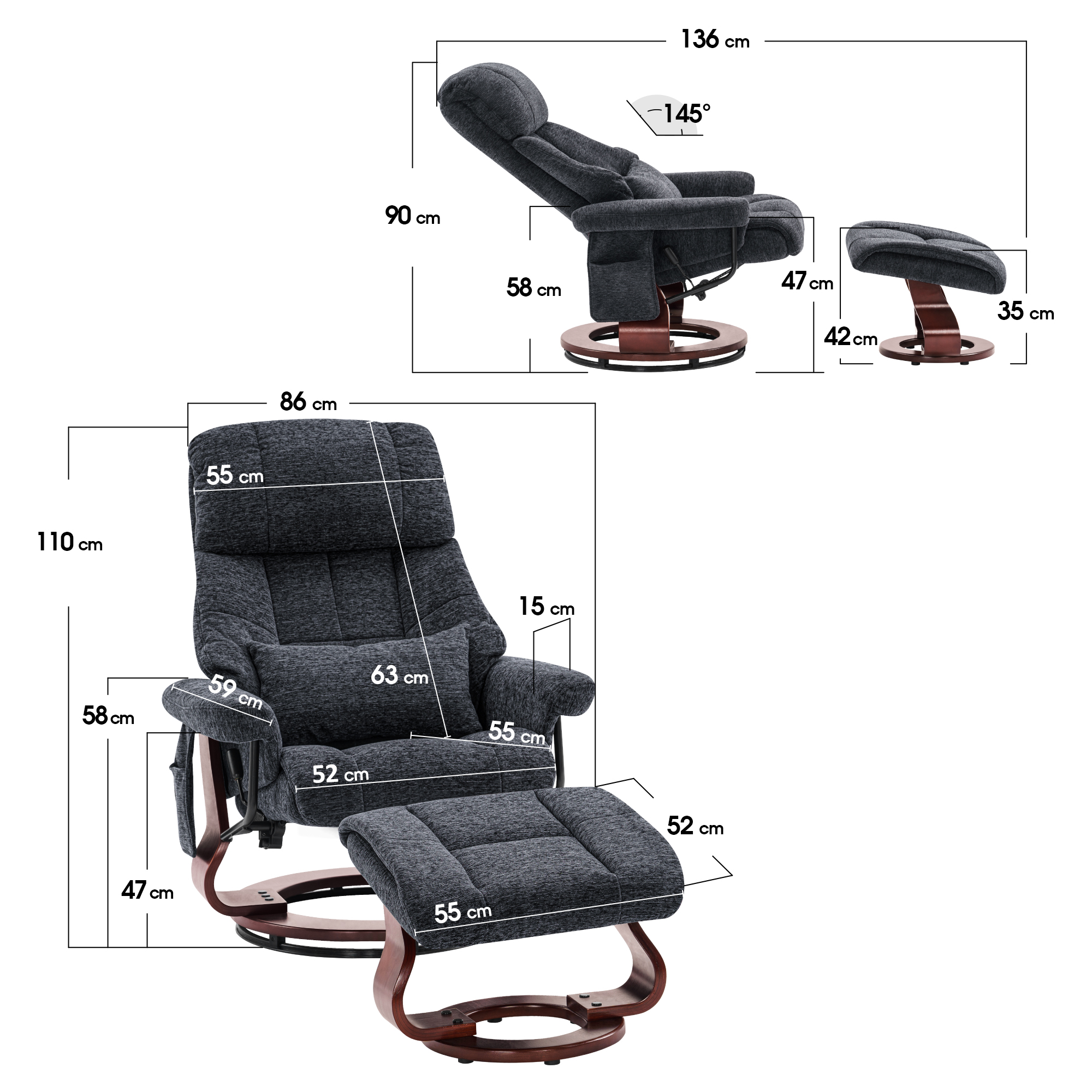 M MCombo Relaxsessel mit Hocker, 360° Drehbarer Fernsehsessel mit Liegefunktion, bis 120 Kg Belastbarer TV-Sessel, Moderner Ruhesessel für Wohnzimmer, 9066