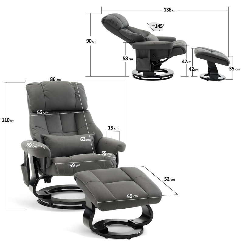 MCombo Relaxsessel mit Hocker 9066, Drehbare Fernsehsessel mit Liegefunktion, Moderner TV-Sessel Stuhl für Wohnzimmer, mit Kissen & Seitentasche, ohne Massagefunktion, 9066